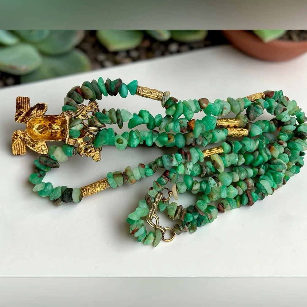 Artisan Chrysoprase Chip Necklace w R 925 Stamp Sterling Frog Pendant Green 18”